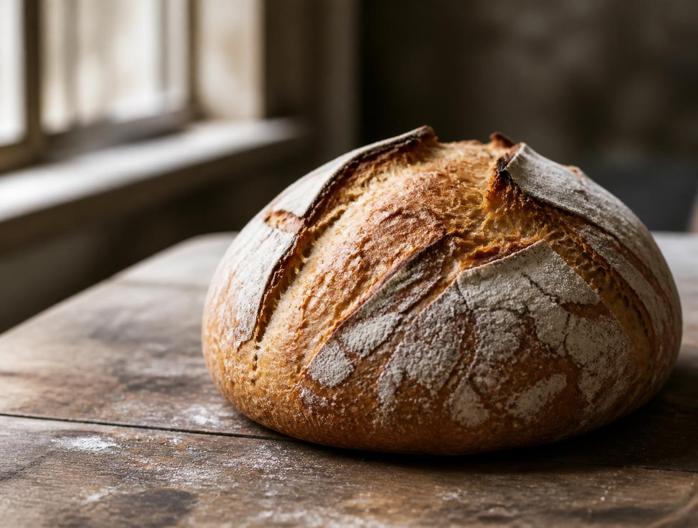 A flour-dusted artisan sourdough boule on a weathered wooden counter